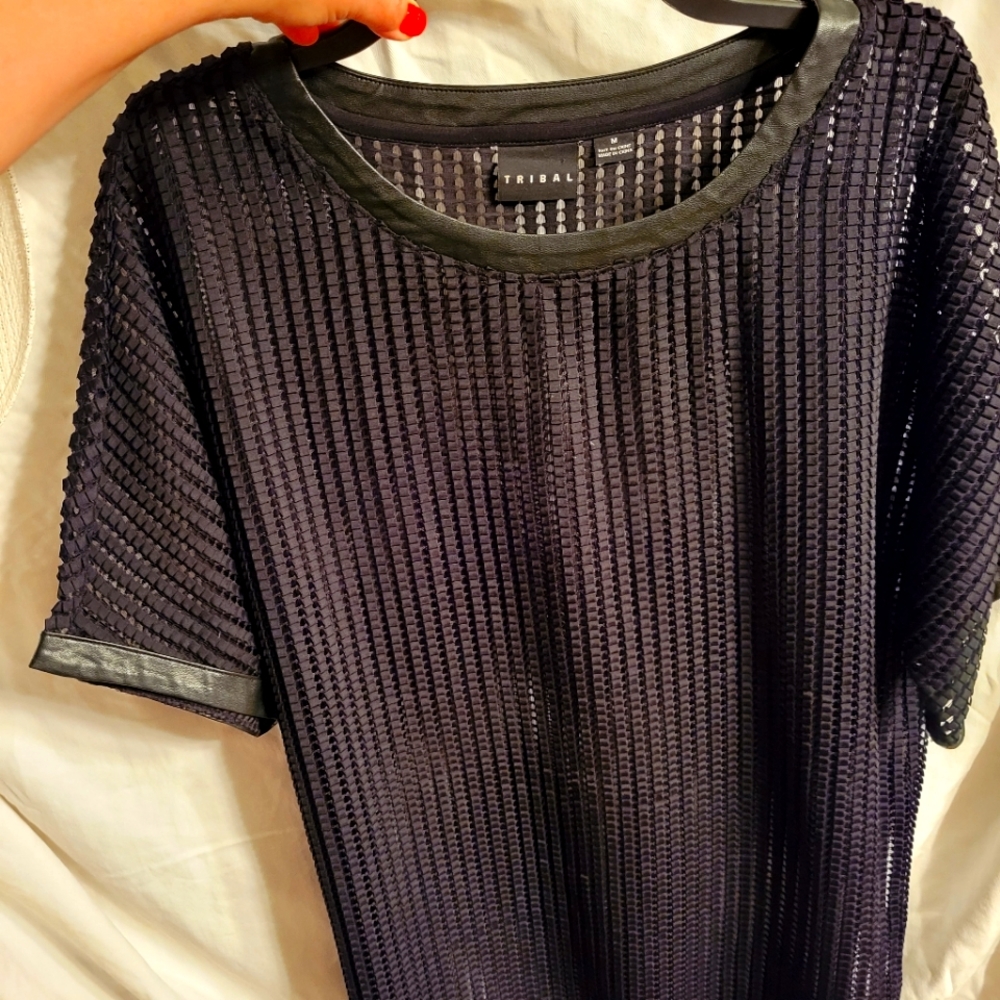 TRIBAL Men's Sheer Black Mesh Leather Shirt